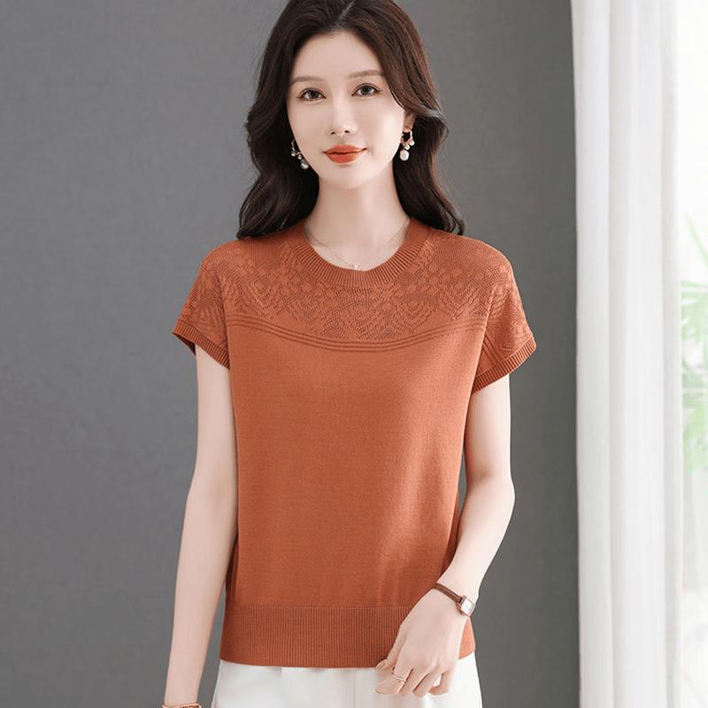 Women s Elegant Hollow Lace Knit Short-Sleeve T-shirt M