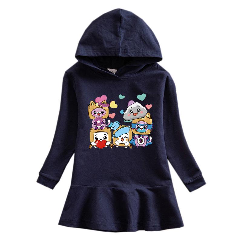 2026 Spring/Autumn Girls' Ruffle Rainbow Cartoon Hooded Long Sleeve Sweatshirt Dress