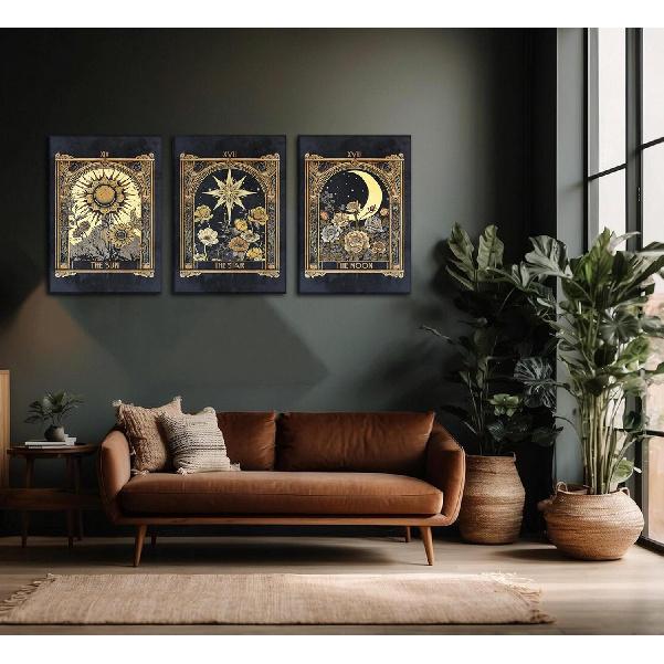Tarot Cards Celestial Canvas Wall Art Set of 3 Boho Mystic Astrology Paintings Pictures Wall Decor Star Sun and Moon Posters Prints for Living Room