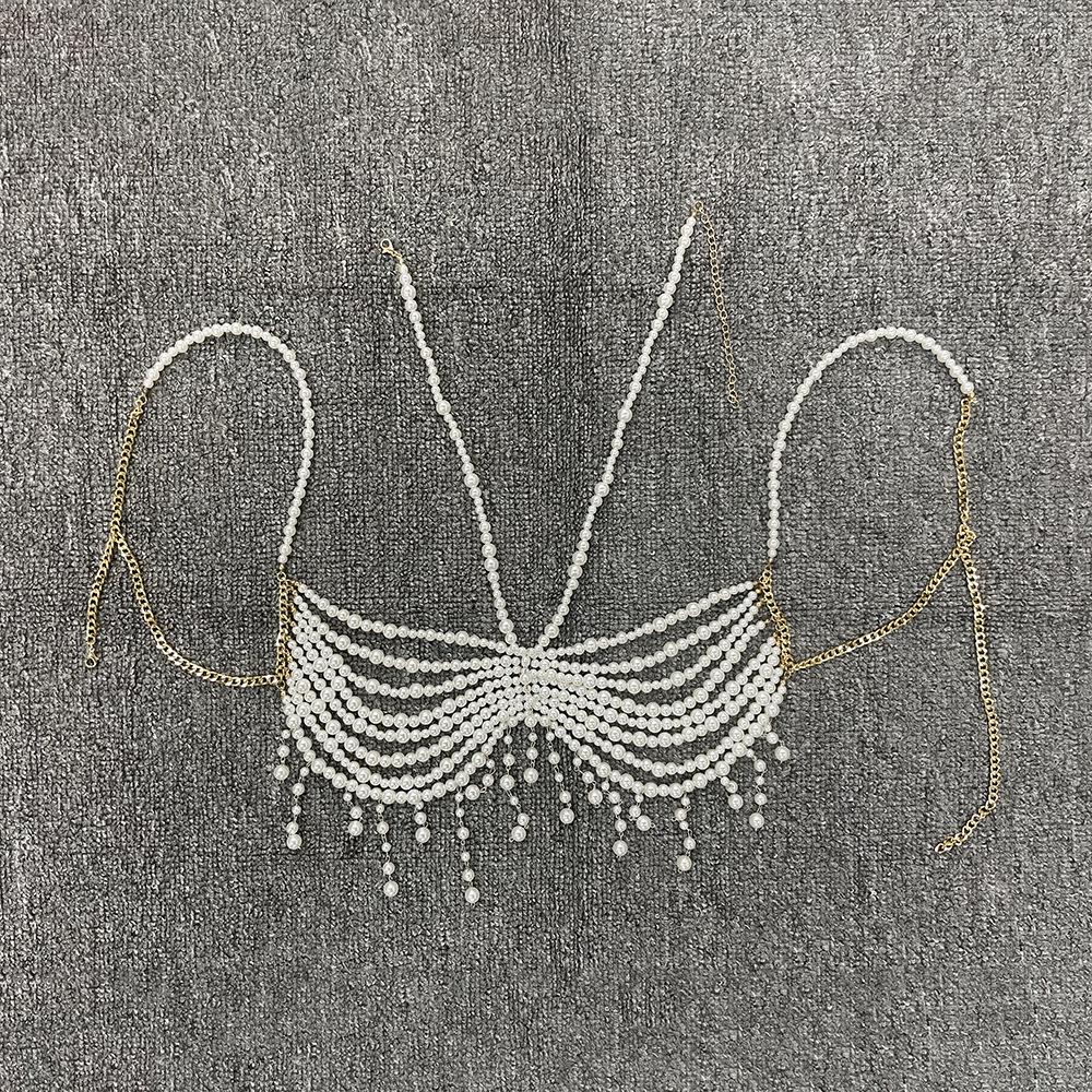 

Топ с цепочкой на груди, украшенный вручную бисером и жемчугом One Size белый