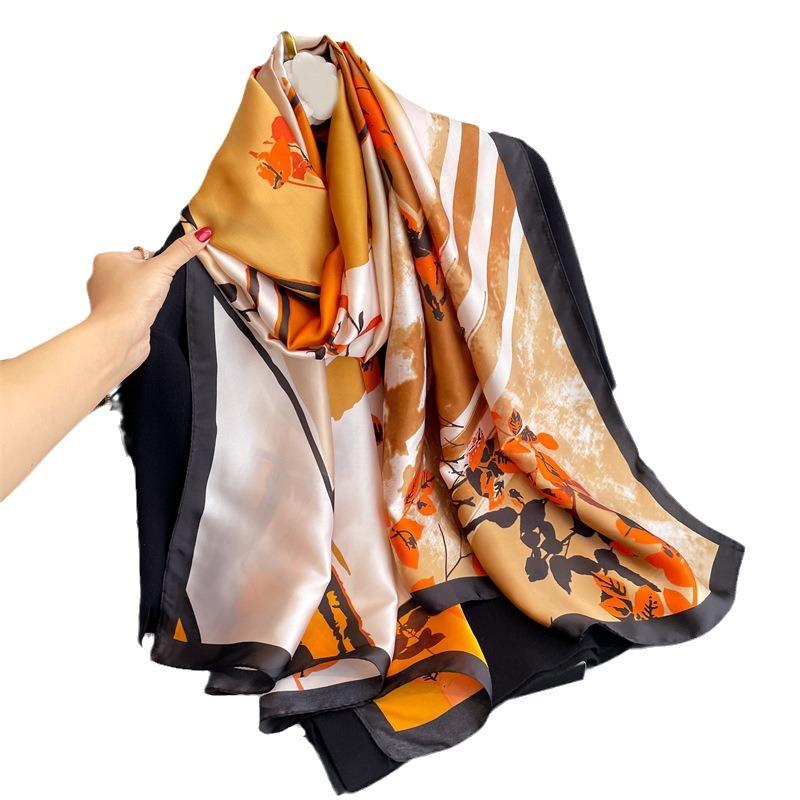 Thousand birds plaid scarf female beauty brocade large size long shawl orange coffee color popular color scheme silk scarf atmosphere leaf