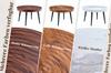 Round, Ginger-colored Coffee Table with Walnut Grain and Growth Rings, Reinforced Tabletop and Slim Black Metal Legs; Side Table for Small Apartments