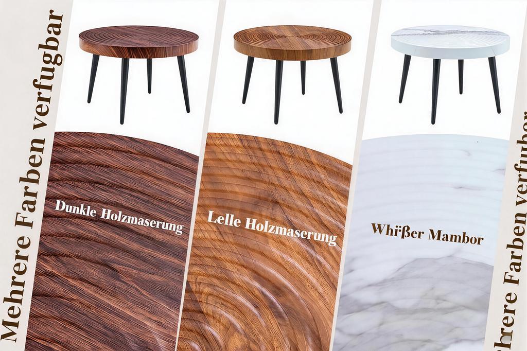 Round, Ginger-colored Coffee Table with Walnut Grain and Growth Rings, Reinforced Tabletop and Slim Black Metal Legs; Side Table for Small Apartments