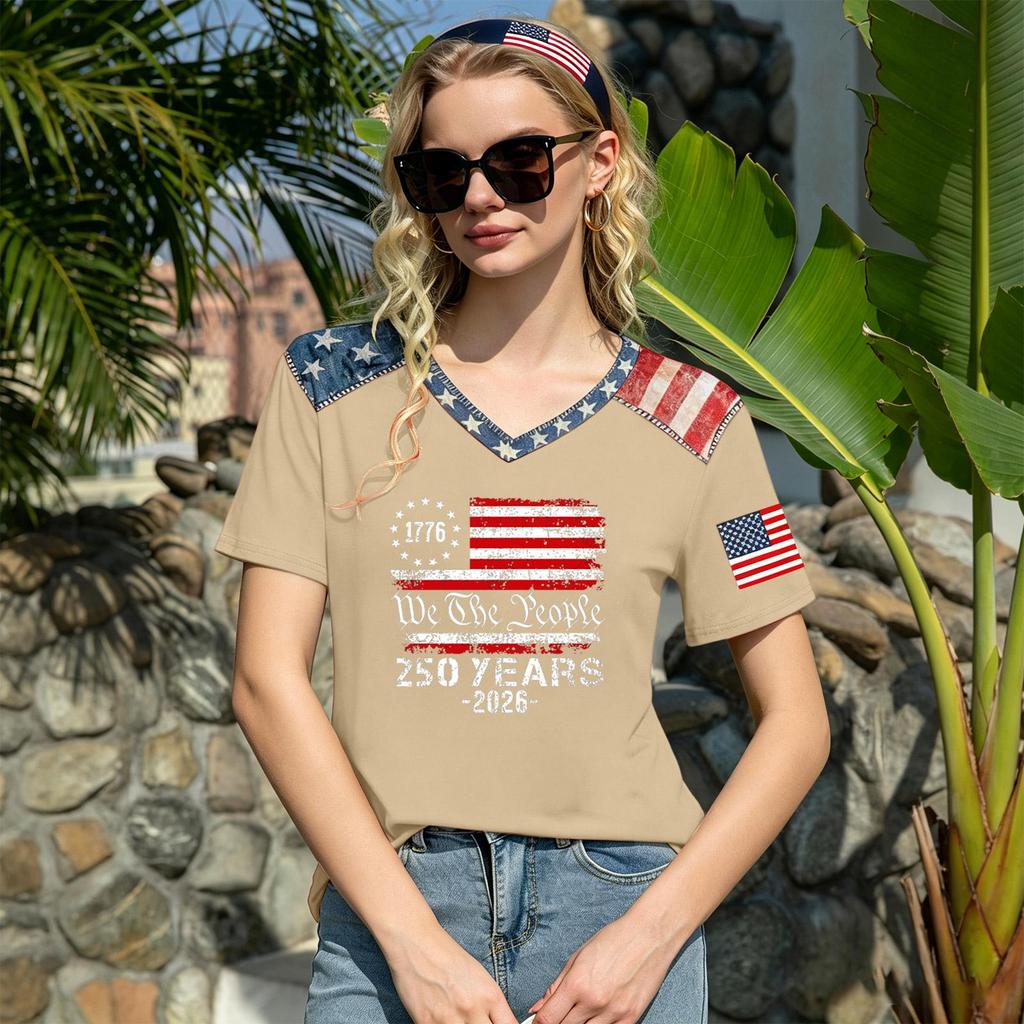 Womens Casual V Neck Short Sleeve Pullover T Shirt Patriotic Graphic Print Soft Lightweight Top for Everyday Wear