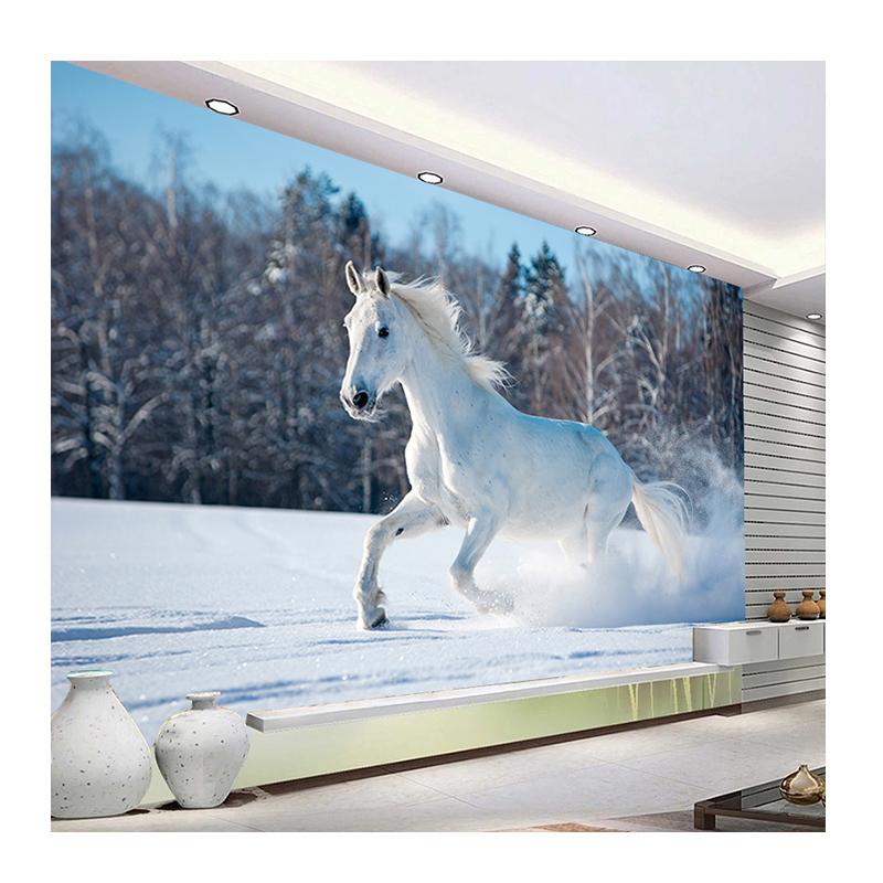 Weißes Pferd auf Schnee laufend Wandbilder Tapete Wohnzimmer TV Schlafzimmer Kunst Wandbild