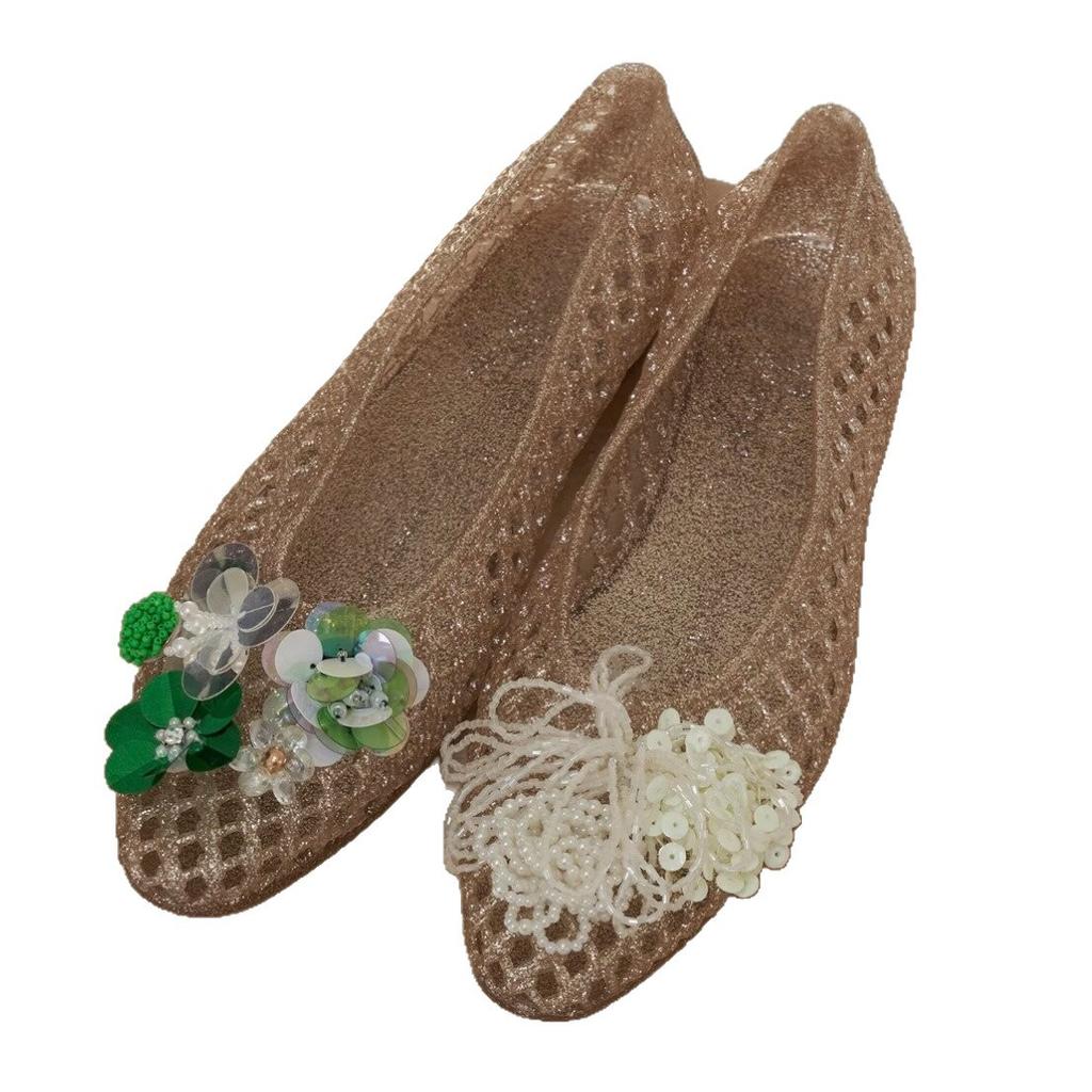 Niche Model~ Korean Version of the New Transparent Crystal Shoes Women's Pointed Pointed Hollow Flower Decoration DIY Hole Sandals Flat Shoes Women