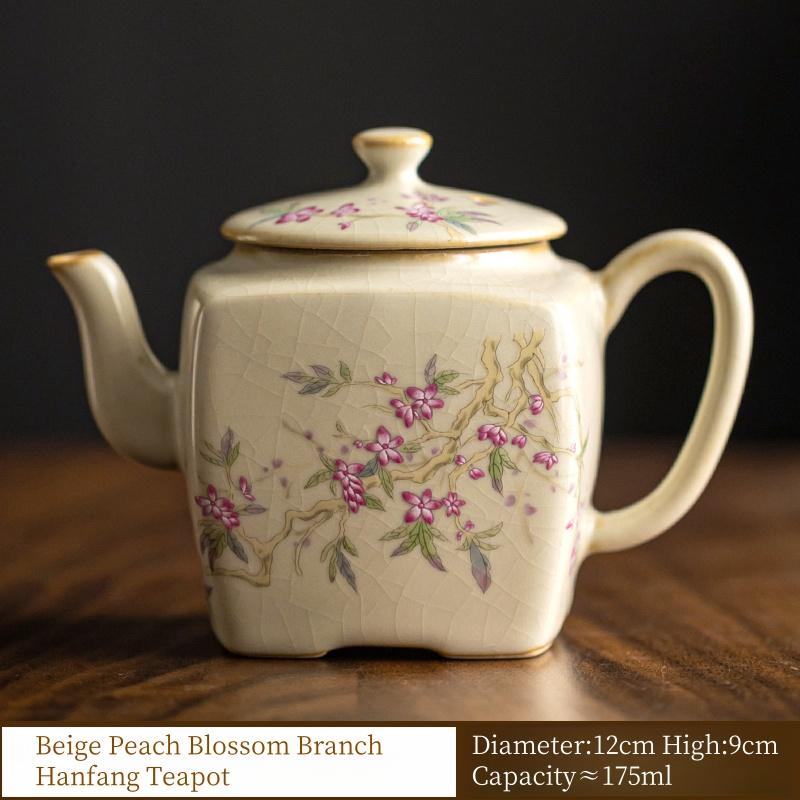 

175ML Beige Ru Kiln Peach Blossom Branch Hanfang Teapot High-end Teapot Kungfu Tea Set Opening Can Raise Tea Maker Tea Ceremony