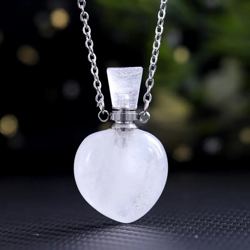 Natural Rose Quartz Crystal Heart Aromatherapy Pendant Bottle
