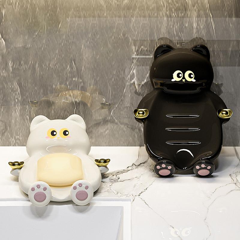 Cute Cat Lucky Soap Dish 16x9cm Plastic Drainage Tray with Anti-Slip Base for Bathroom Creative Home Decor & Feng Shui Gift