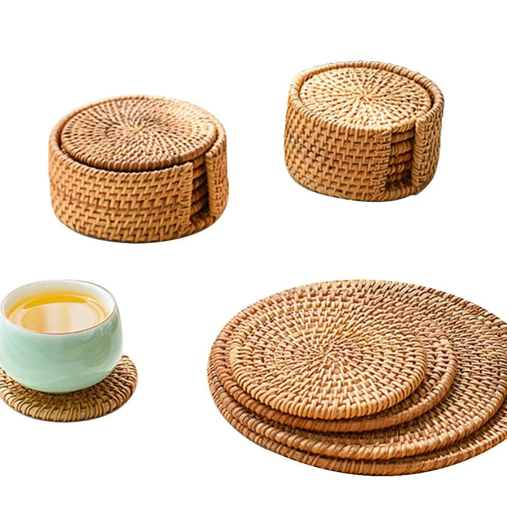 6 Stück Gewebte Rattan-Untersetzer-Set Mit Halter Tischmatte Platzdeckchen Kaffee Tee Tasse Untersetzer Topf Schüssel Matte Glasboden Küchenzubehör