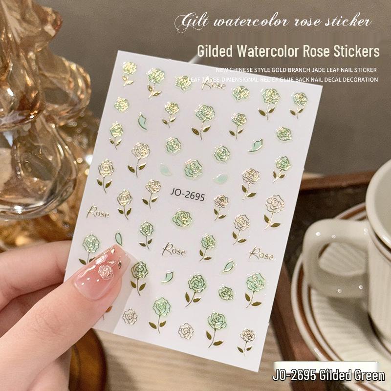 

Ретро Позолоченные Акварельные Розы Тисненые Наклейки для Ногтей - Водостойкие, Горячее Тиснение, Национальный Стиль