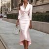 New Autumn Style Elegant Solid-color Long-sleeved V-neck Dress
