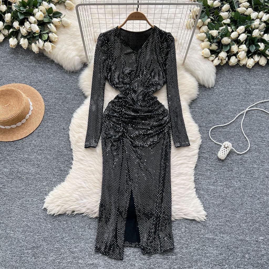 Women's Sequins Glitter Dress Autumn Pleated Waist Slim Split Package Hip Dress