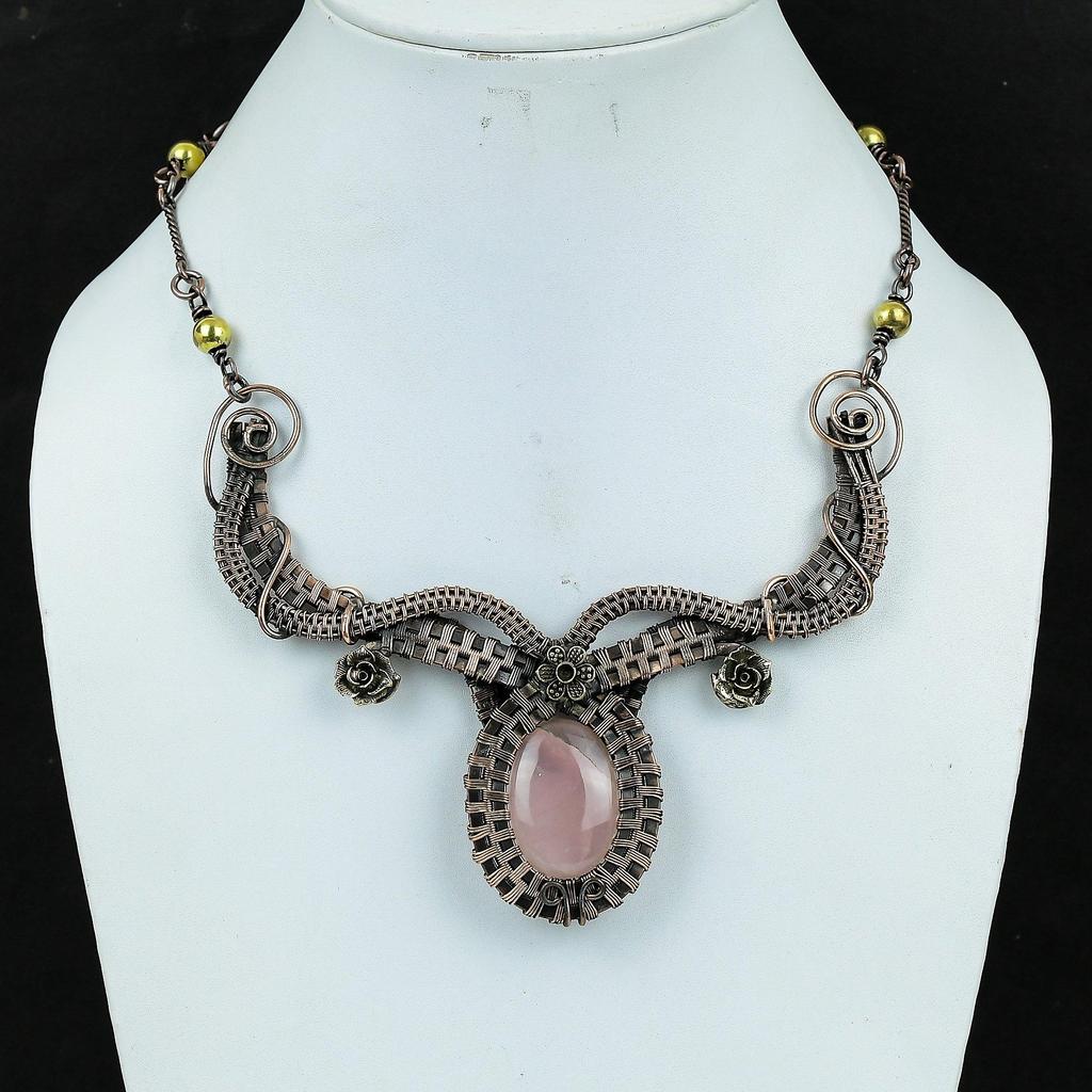 Collier Bijou Quartz Rose Fait Main Design Récent, Collier Pierre Précieuse Enveloppé de Fil de Cuivre 999, Cadeau pour Mère