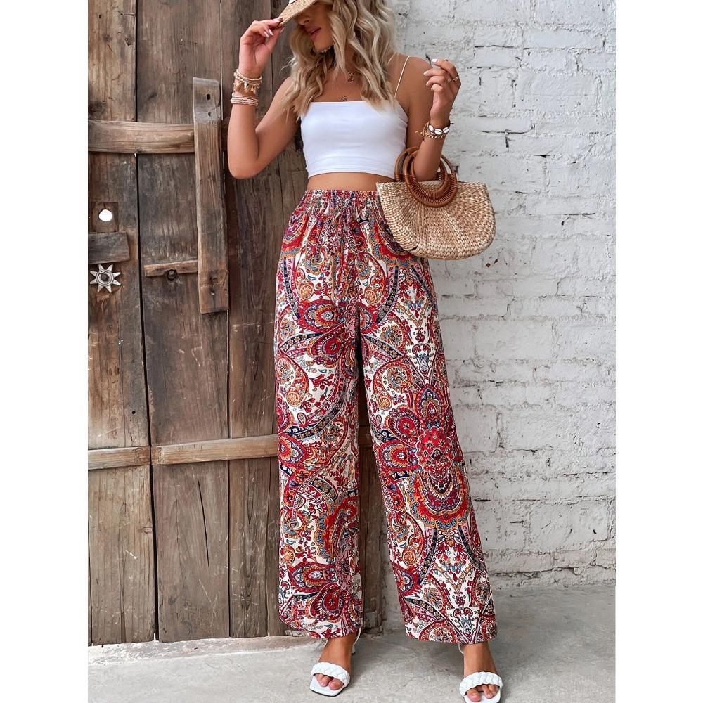 European and American Women's Clothing Summer New Fashionable Versatile Printed Elastic Waist Wide-leg Pants