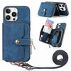 For iPhone 16 Pro Case Zipper Card Holder PU Leather Phone Back Cover with Long Strap