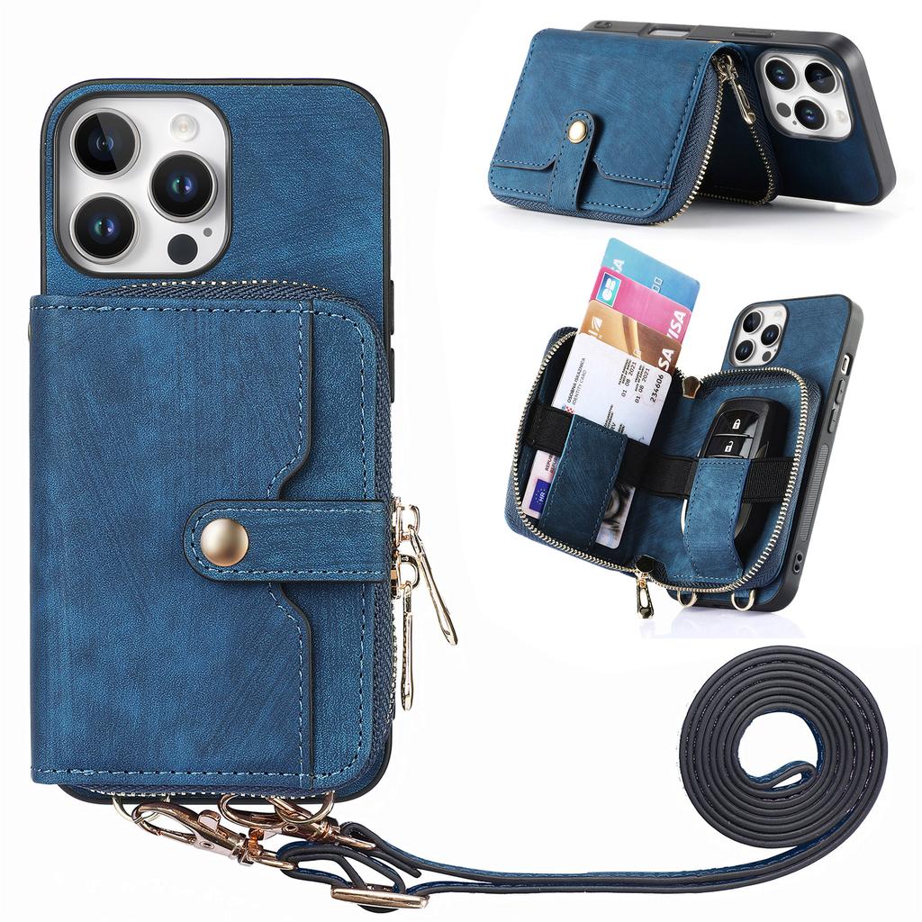For iPhone 16 Pro Case Zipper Card Holder PU Leather Phone Back Cover with Long Strap