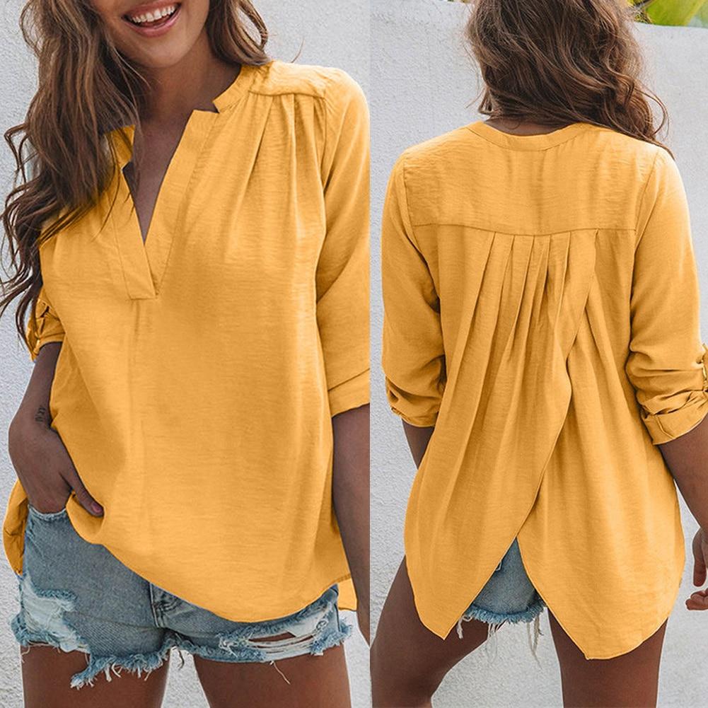 Women Fashion Solid Color Long Sleeve Pleated Back Slitting Hem Shirt Blouse Women's Shirt Women's Blouse Fashion Women Blouses