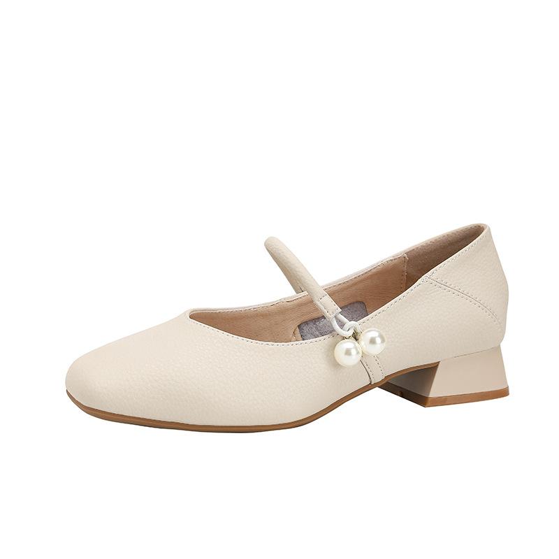 Square Head Thick Heel Mary Jane Shoes Women's New Soft Leather Retro Light Mouth Low Heel 3cm Single Shoes Women