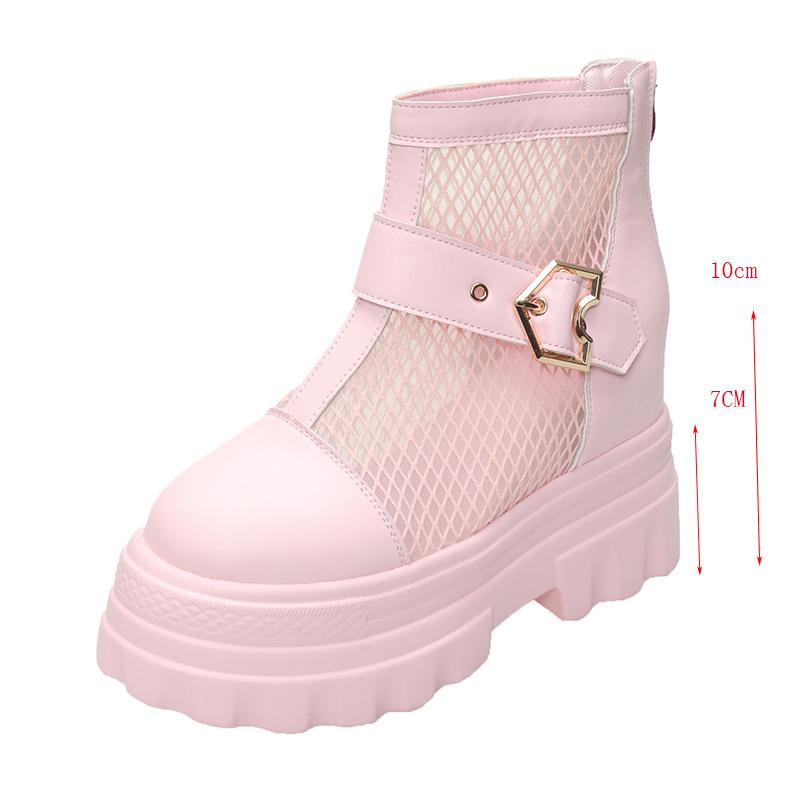 Fashion Pink Lovely Height Increasing Boots Women Breathable Mesh Buckle Zip Decor Summer Boots thick sole chunky platform uniform shoes