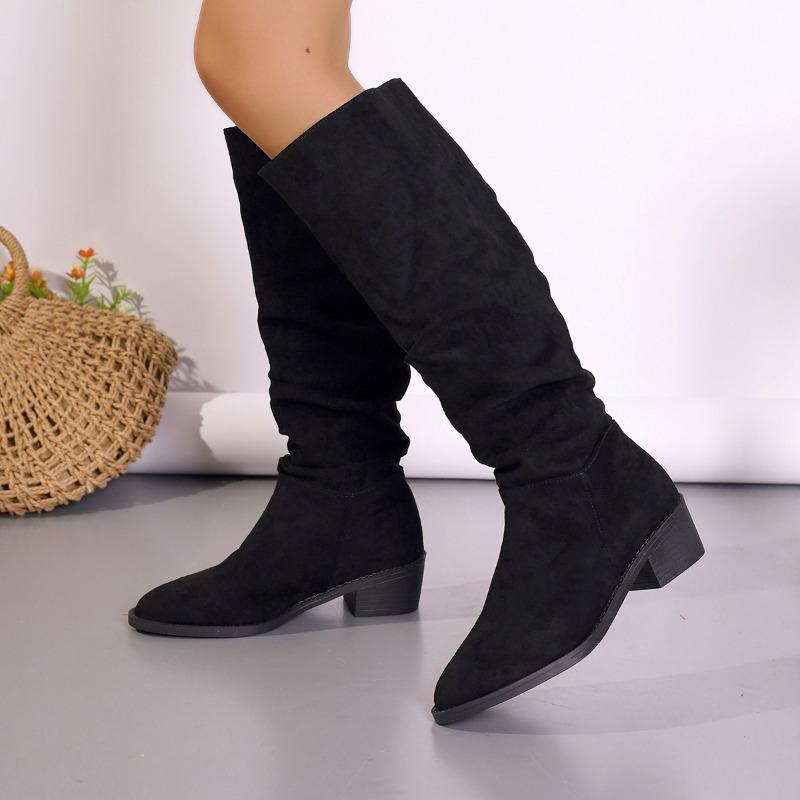 Fashion 2024 Trendy Versatile Women's Boots Suede Thick Heel Pointed Autumn and Winter New Black Pleated High Leg Women's Long Boots