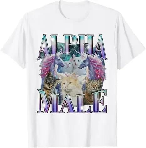 Camiseta Irônica Vintage Gato Unicórnio Macho Alfa Estilo Retrô Camiseta com Frase Vintage Manga Curta Camiseta com Frase Piada Sarcástica Rap Y2k Top