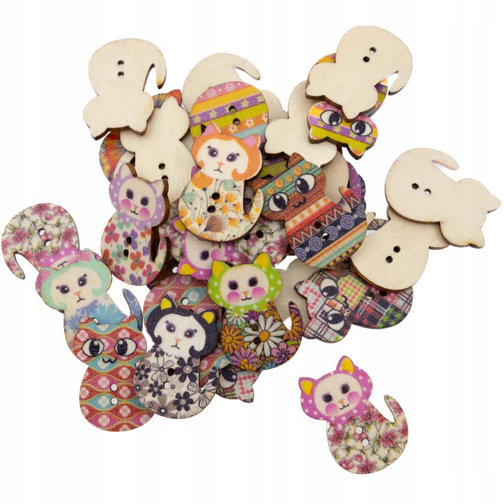 Wooden Button, Decorative Cats, Colorful Mix