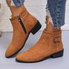 Ankle Boots for Women 2025 Winter New Large Size Short Boots British Style Thick Heel Suede Buckle Side Zipper Women's Boots