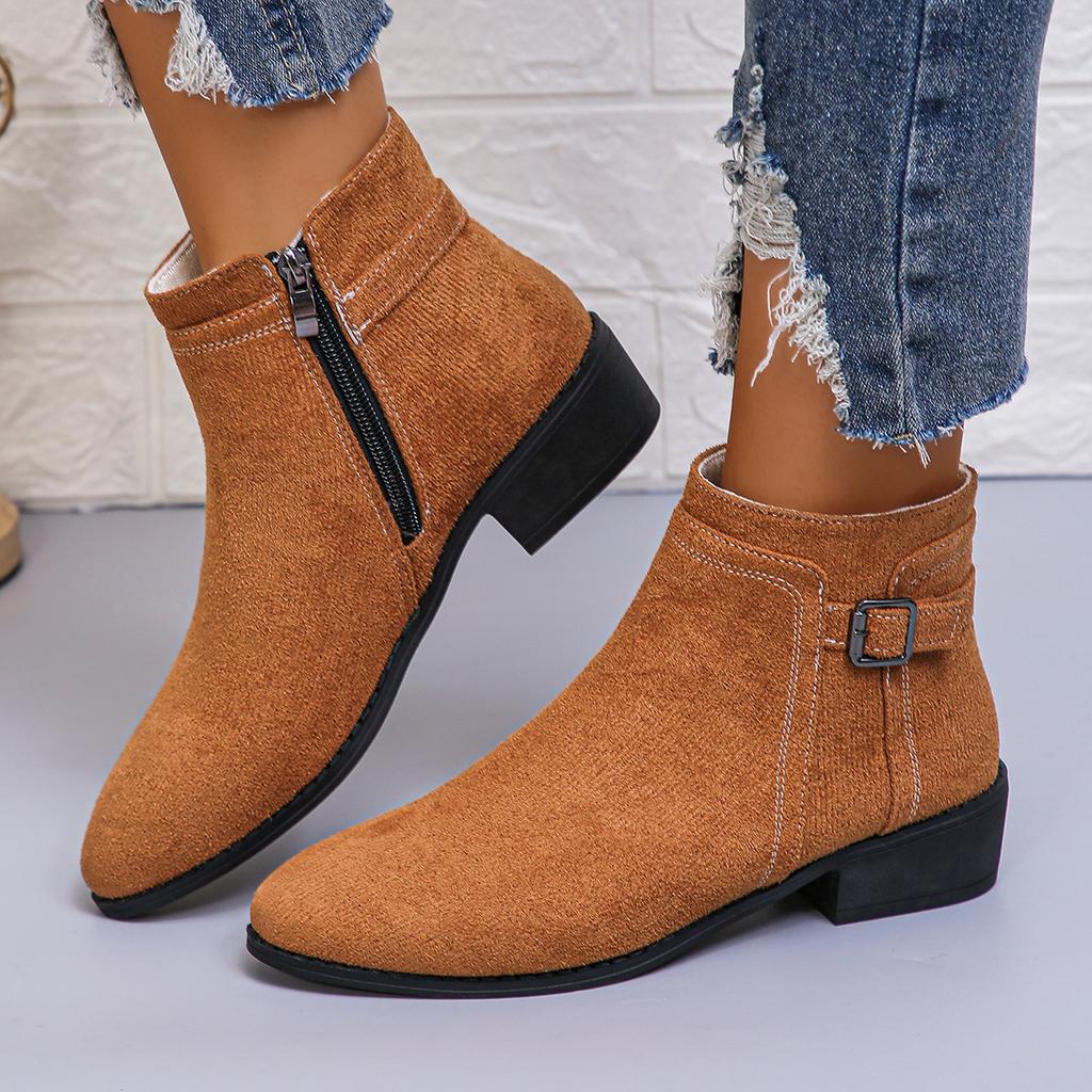 Ankle Boots for Women 2025 Winter New Large Size Short Boots British Style Thick Heel Suede Buckle Side Zipper Women's Boots