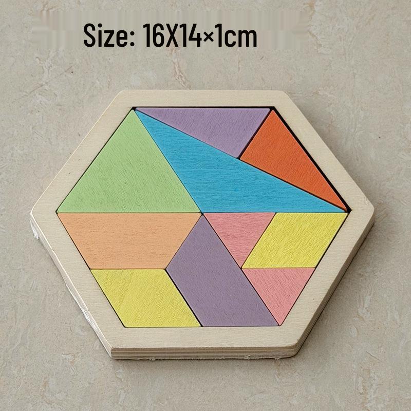Hexagonal Shape Chess Puzzle - Seven Pieces, 11 Blocks Educational Wooden Toy for Kids
