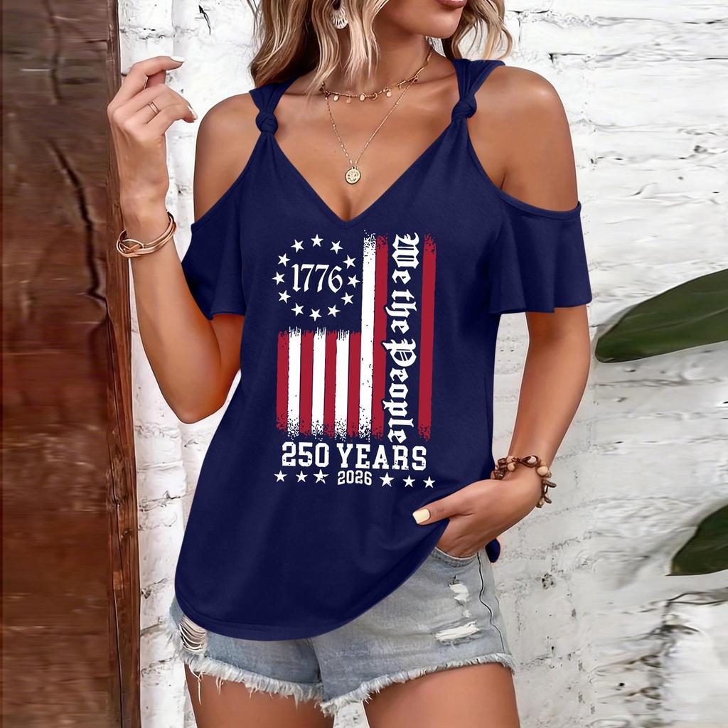 T-shirt Femme Décolleté Bardot Bretelles à Nouer Manches Courtes Décontracté avec Graphique Impression Drapeau 1776 Jour de l'Indépendance Haut 250 Ans 2026