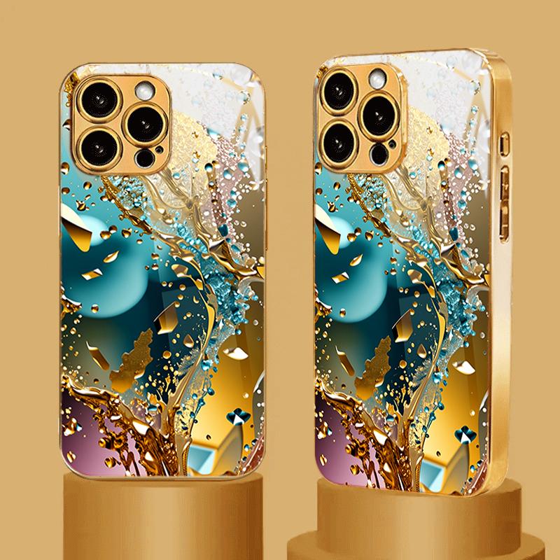 Gold Liquid Splashing Crystal Tempered Glass Phone Case For iPhone 17 Pro Max 16 15 14 Plus 11 12 13 Pro Max 16E 17Air Cover