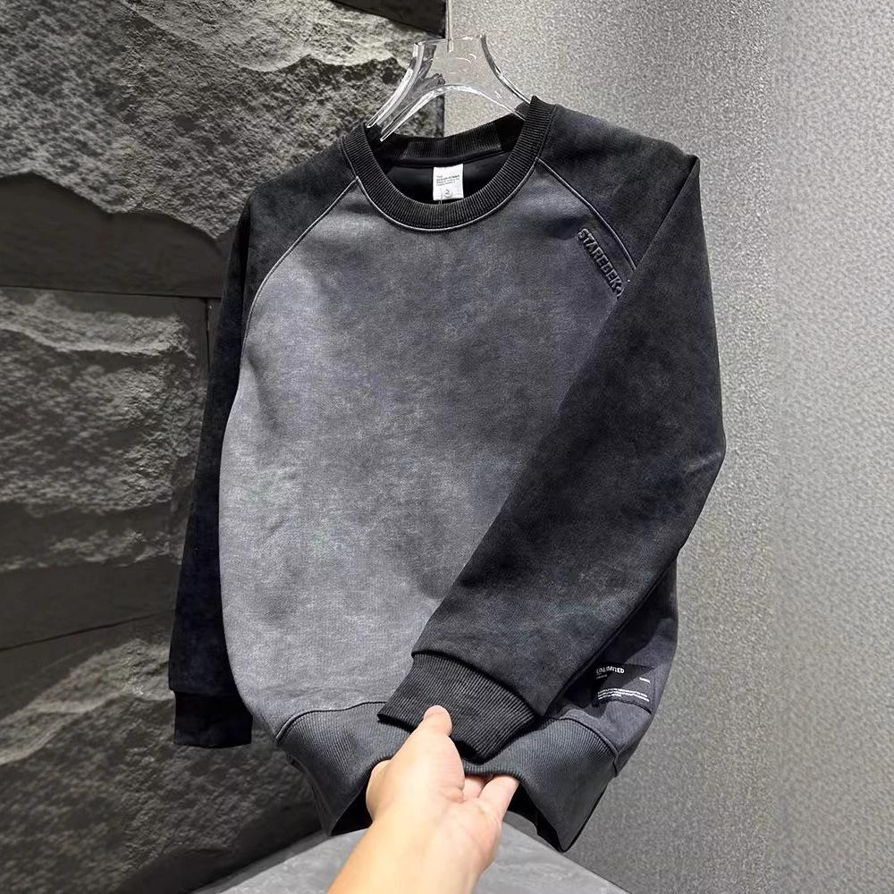 Splicing sweater crew neck sweater men's trend color matching student pullover long sleeve loose top