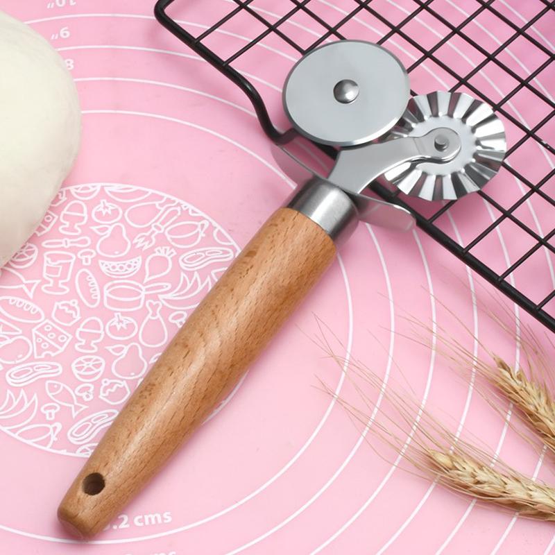 Double Wheel Pastry Cutter, Professional Pizza Cutter With Wood Handle