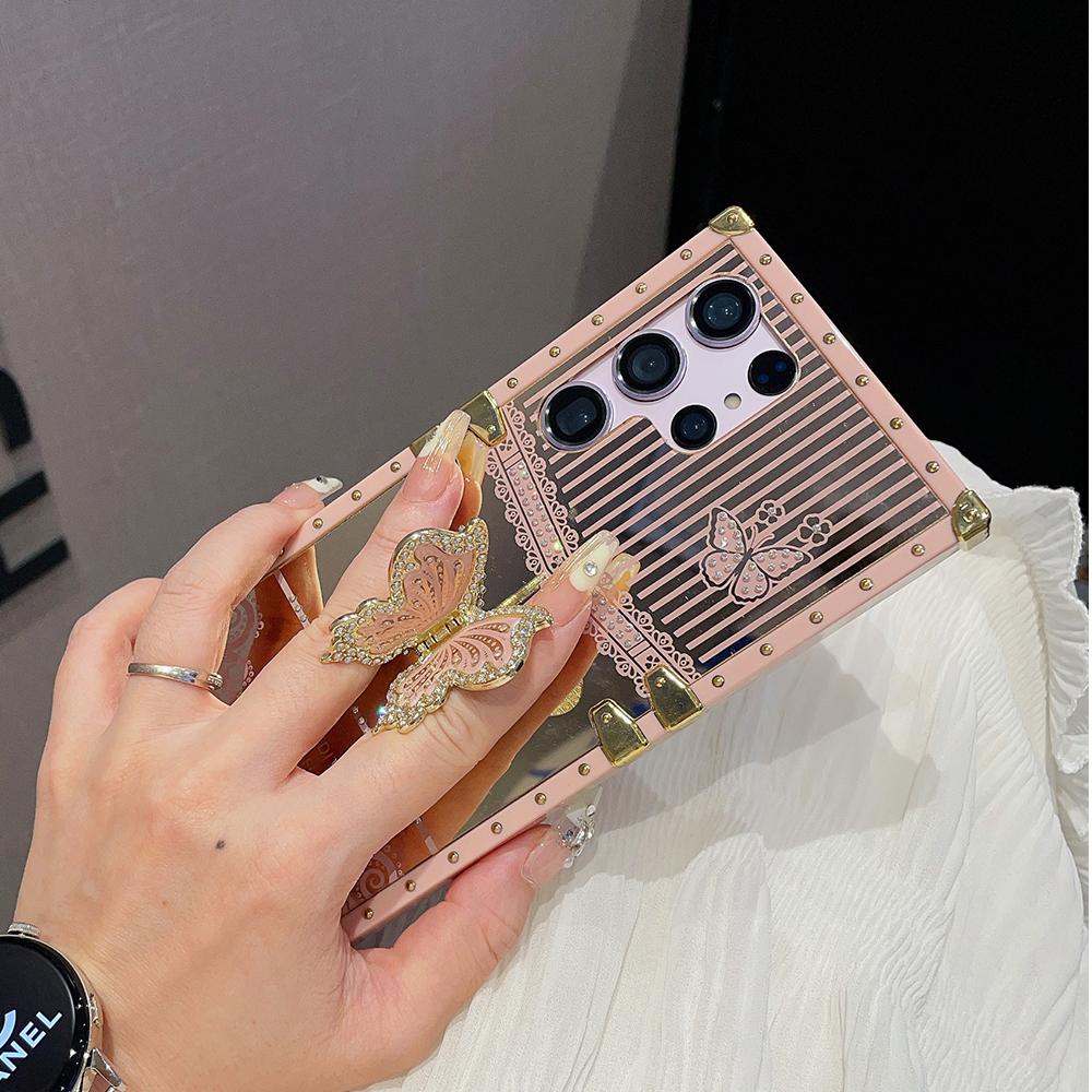 Luxuriöse Handyhülle mit Schmetterlingshalterung und Diamanten für Samsung S24 Ultra S23 Plus S22 S21 A24 A73 A72 A54 5G A53 A34 A32 A22 A13 Cover