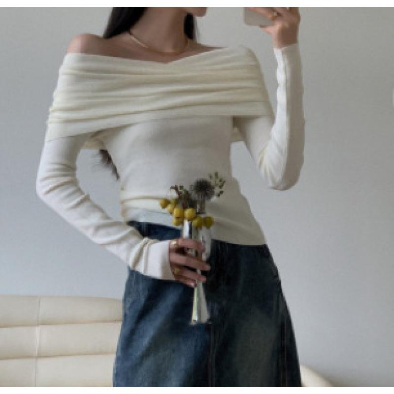 

Осенний свитер с открытыми плечами и воротником-лодочкой, женская приталенная базовая рубашка, новый приталенный свитер с длинным рукавом one size fits all абрикосовый