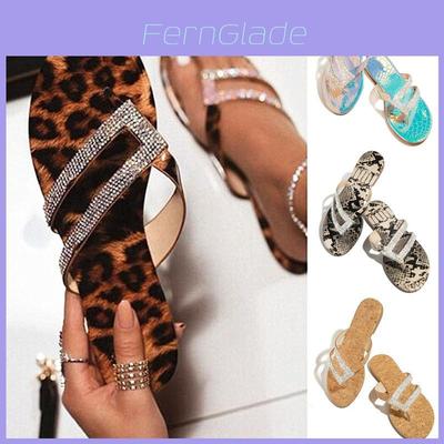 Women's Casual Summer Flat Shoes Glitter Slipper Slip On Leopard Print Sandals