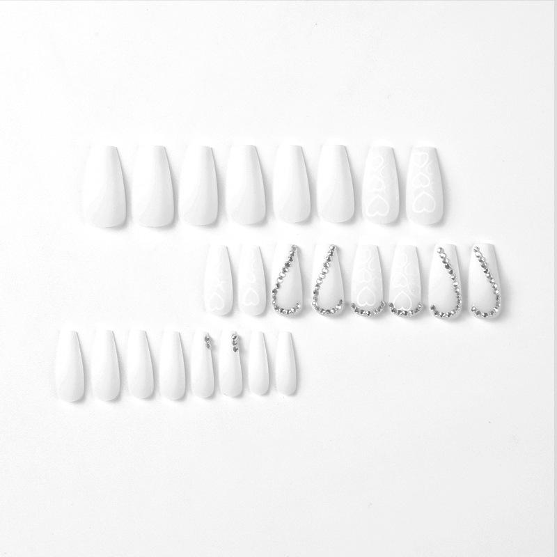24 buc./set Unghii rapide, inimă mată albă cu diamante, autocolant pentru unghii false, purtabil, rezistent la apă, manichiură, unghii finisate