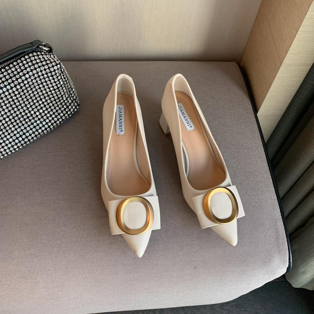 Luxury Brand Chunky High Heels Women Metalic Buckle Pumps Bowtie Shoes Ladies Wedges Slip On Mary Jeans Bridesmaid Wedding Shoes