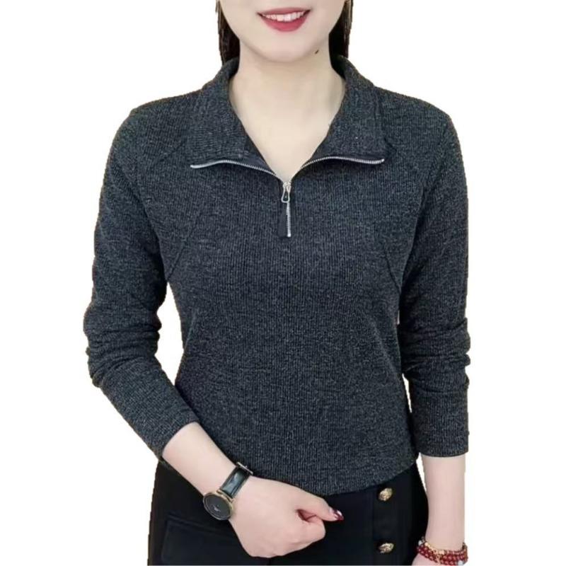 Women S Long Sleeve Half Zip Stand Collar T Shirt Slim Casual Top