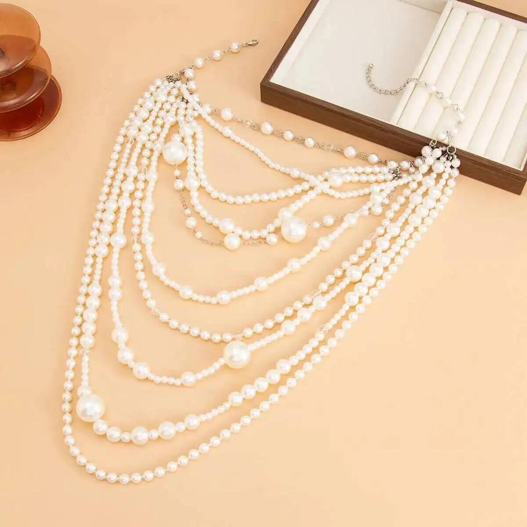 SHIXIN Exaggerated Multi-layer Imitation Pearl Choker Necklace for Women Luxury Long Tassel Pendant Sweater Chain Bridal Jewelry