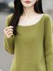Solid Color Retro Wool Sweater - Long Sleeve Square Neck Knit Top for Women