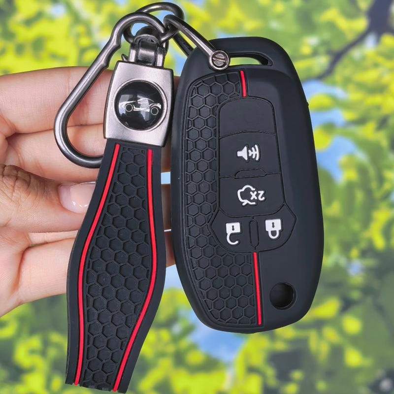 Sport Red Stripe Silicone Key Case With Keychain, Honeycomb Protector For 2015 2016 2017 Ford Fusion F150 F-150 Folding Car Key