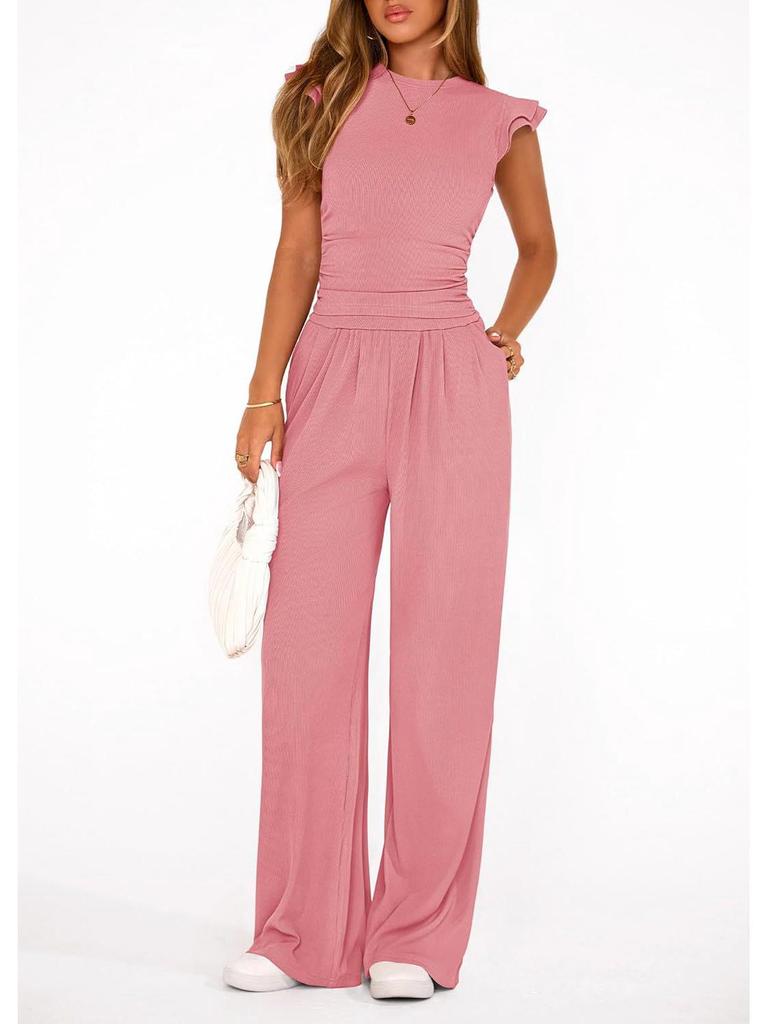 Women's 2026 Summer Solid Color Two-Piece Set with Ruffle Wide-Leg Pants