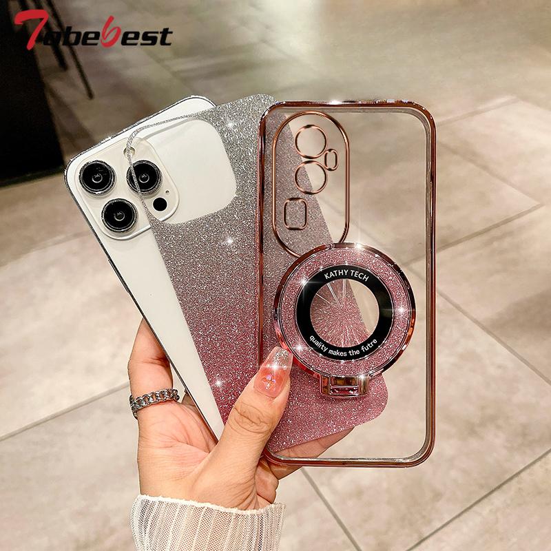 Glitter Plating Magnetic Holder Phone Case For OPPO Reno 12 12F 11 11F 10 8 7 Pro Plus 4G 5G Cover