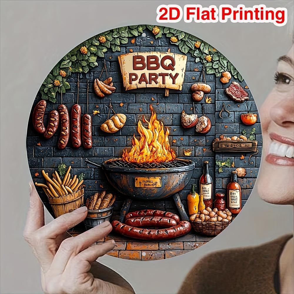 plaintextVintage BBQ Party Round Metal Sign Retro Grill Fire Sausage Design Tin Plaque Wall Decor for Backyard Patio Barbec