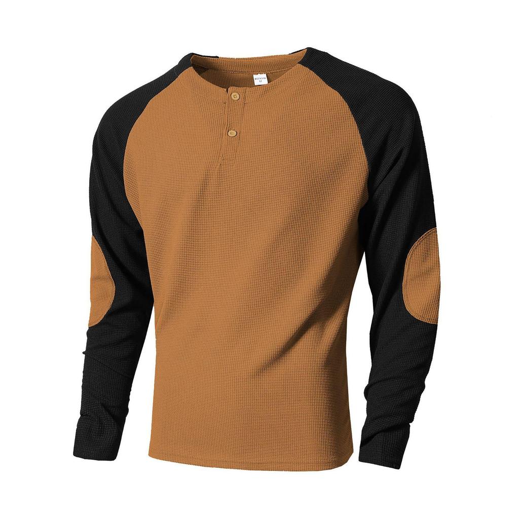 Men's Cross-Border Casual Raglan Sleeve Patchwork Round Neck Waffle Knit Sweatshirt for Spring/Autumn