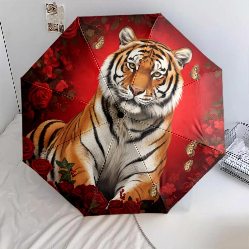 

1 PC Automatic Folding Umbrella - Red Rose Animals Pattern, Portable & Foldable Design with 8 Ribs, Christmas Birthday Gifts