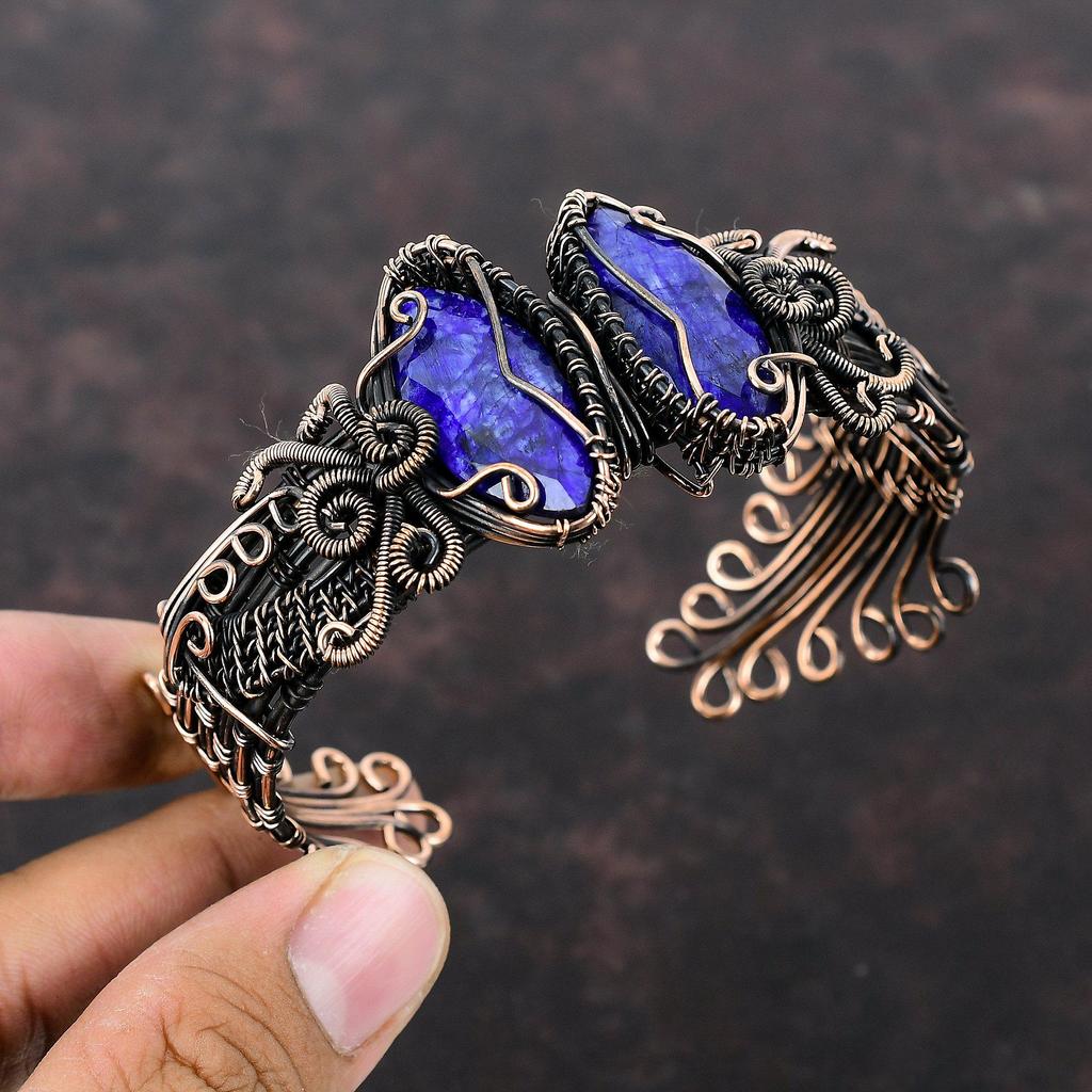 Faceted Blue Sapphire Cuff Bracelet Copper Wire Wrapped Bangle Adjustable Cuff Bracelet Handmade Bangle Gemstone Copper Jewelry Gift For Mom