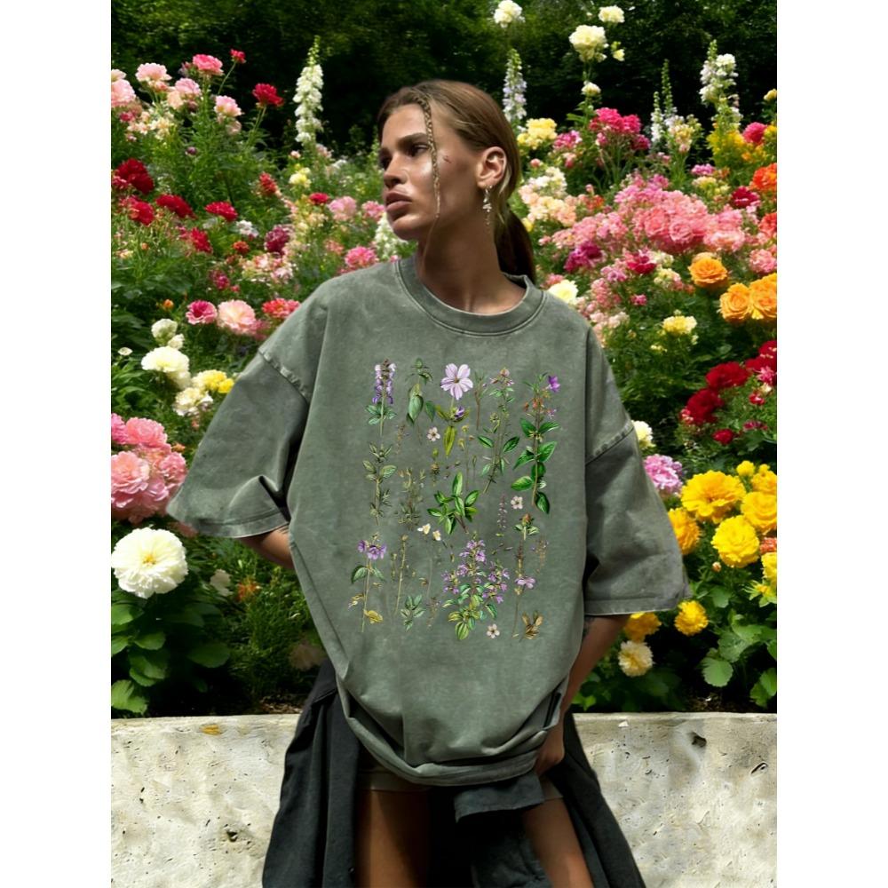 T-shirt Lavé Imprimé Fleurs Violettes Rétro Plantes Herbacées Femme Été Salle de Sport Manches Courtes Coton Hauts Amples T-shirt